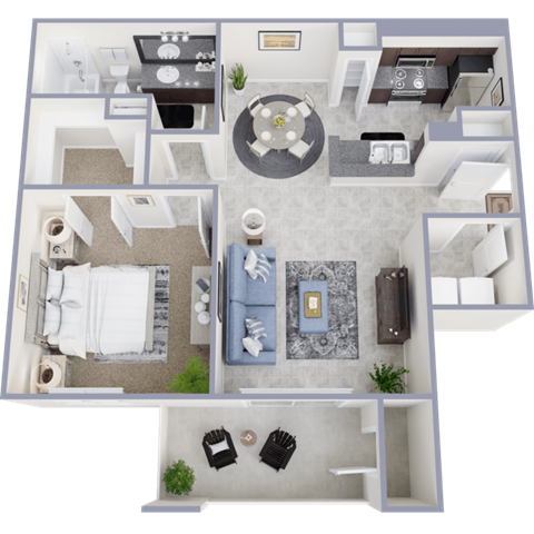 A 3D floor plan of a small apartment with a living room, kitchen, and bedroom.